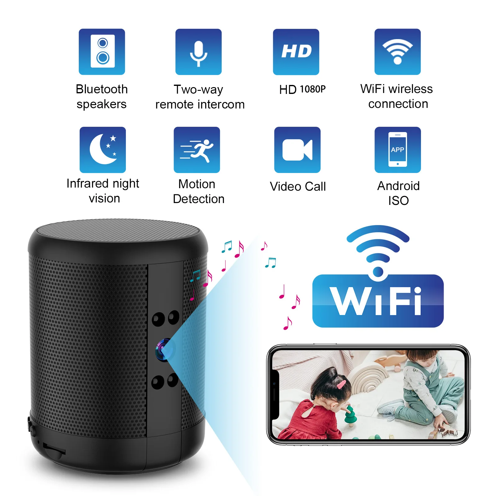 Home Security Robot - WLAN-Sicherheitskamera mit Lautsprecher, HD-Nachtsicht, 140-Grad-Weitwinkelobjektiv, 2-Wege-Audio,